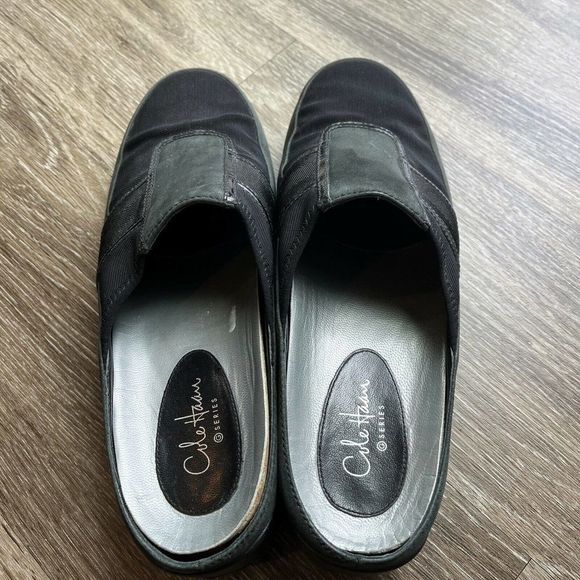 COLE HAAN G Series Women's Size 8AA Gray/Black Leather Wedge Slide On Mules - Picture 3 of 11